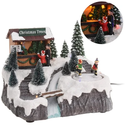 Afbeelding van Cheqo® Kerstdorp Met Kersthuisje Kersttafereel Kerstdecoratie LED Licht en Bewegende IJsbaan