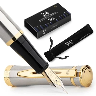 Afbeelding van Wordsworth &amp; Black Vulpenset, medium gouden veer 18 karaat, bevat 24 inktpatronen, inktvulconverter en geschenkdoos, afwerking, kalligrafie, [zilver goud]