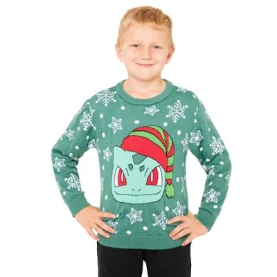 Afbeelding van Pokemon Kersttrui voor kinderen, jongens, Kerstmis, trui, gebreid, kersttrui, uniseks, Bulbizarre Pikachu, 4 14 jaar, Groen