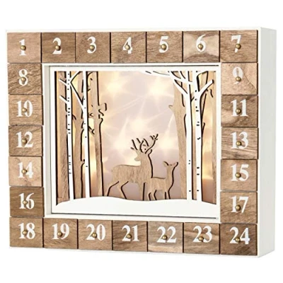 Afbeelding van BRUBAKER Herbruikbare Houten Adventskalender zelf te vullen Wit winterlandschap met LED verlichting Doe het kalender 35,5 x 6 27 cm