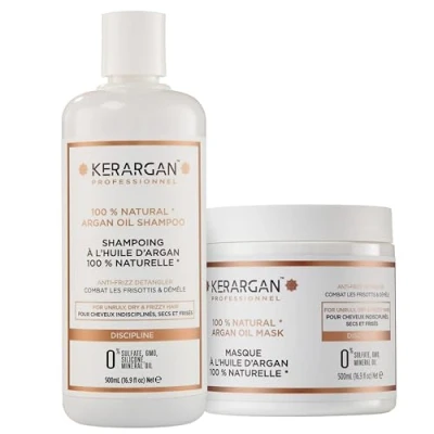 Image de Kerargan Duo Disciplinant Shampoing &amp; Masque à l&#039;Huile d&#039;Argan Pour Cheveux Indisciplinés, Secs Frisés Combat les Frisottis Démêle Sans Sulfate, GMO, Silicone, Huile minéral 2x500ml