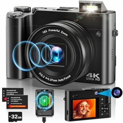 Afbeelding van Digitale 4K dubbele camera 64MP autofocus vlogging met 32GB geheugenkaart, compacte voor tieners en beginners