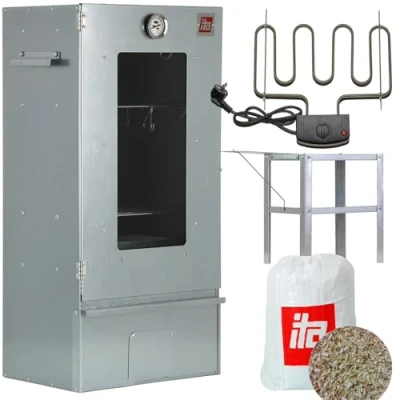 Afbeelding van ITA Elektrische rookoven 7000, smokerset met verwarming, tafel, rookkast raam en thermometer, gelegeerd staal, EU kwaliteit, rechtstreeks van de fabrikant, 81 cm 3 niveaus