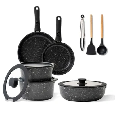 Afbeelding van BOREINE Kookgereiset, inductiekookpan en pannenset voor alle warmtebronnen met deksel, afneembare handgreep, antiaanbaklaag, ovenbestendig (zwart, 14 stuks)