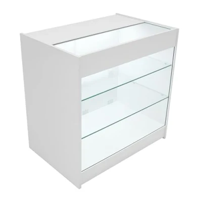 Afbeelding van Comptoir de Vente en MDF Blanc LED Blancs Intégrés K900 3 Étagères Portes Coulissantes Verouillables Rangement Commerciale Vitrine Verre Acceuil Réception Bureau Vêtements Bijoux [2 Clés INCLUS]