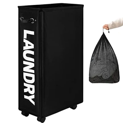Afbeelding van 29 inch grote slanke wasmand met verwijderbare waszak op wielen, opvouwbare waszakken (zwart