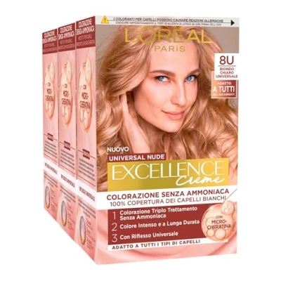 Afbeelding van L&#039;Oréal Paris Excellence Creme Universele Nude Permanente Haarverf, Lichtblond, 8U, Drievoudige Behandeling, 3 Kleuren