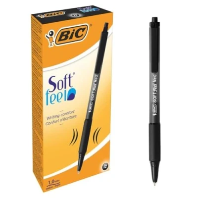 Afbeelding van BIC Softfeel balpen, intrekbaar, medium punt (1,0 mm), gewatteerde handgreep, zwarte inkt, 12 stuks