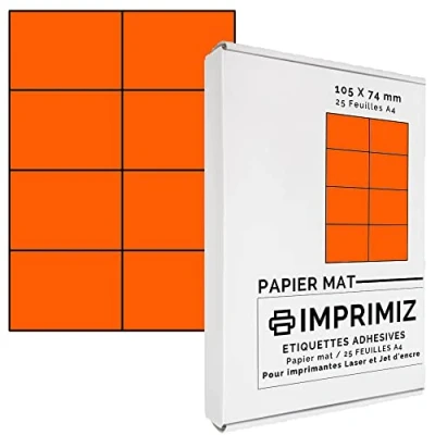 Afbeelding van 200 zelfklevende etiketten, neonoranje, 105 x 74 mm, 8 etiketten/vellen, 25 vellen A4 papier, zelfklevend, voor laser en inkjetprinters, stuks