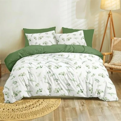 Afbeelding van Dreamzie Dekbedovertrek 240 x 260 cm met 2 kussenslopen 65 cm, botanisch motief, saliegroen, beddengoed bladpatroon, voor tweepersoonsbed ritssluiting, Oeko TEX
