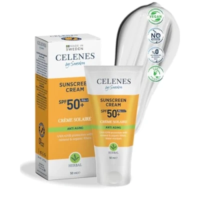 Afbeelding van Celenes by Sweden Herbal Sunscreen Cream SPF50+ 50ml Anti Aging met Avocado olie en Vitamine E Veroudering Waterbestendig, Minerale &amp; Organische Filters, Zonder Witte Resten Parabeen Parfumvrij, Vegan