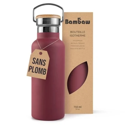Afbeelding van Bambaw Thermosfles 750 ml, rode thermosfles, roestvrijstalen fles, BPA vrije thermische kersenrood