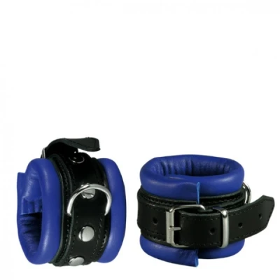 Afbeelding van Leren handboeien 5 cm breed gevoerd zwart/blauw