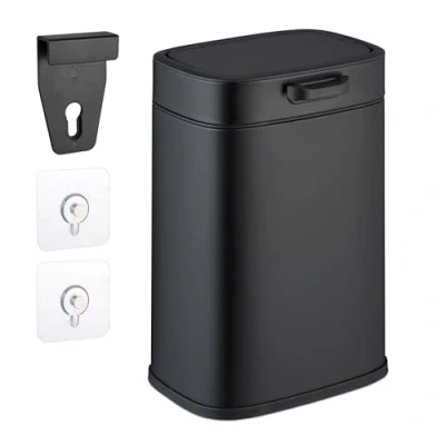 Afbeelding van Relaxdays hangende prullenbak 5 liter voor keukenkast uitneembaar bakje plakstrips zwart