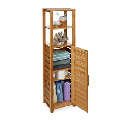 Afbeelding van Relaxdays badkamerkast bamboe badkamerrek hout 6 planken met deur vochtresistent