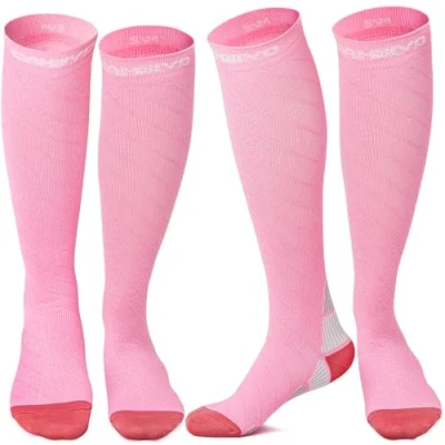 Afbeelding van CAMBIVO 2 paar compressiekousen voor dames en heren, 20 30 mmHg compressiekousen, circulatie spataderen sport, hardlopen, voetbal, vliegreizen, Lichtroze, S M