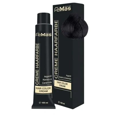 Image de FemMas Teintures pour cheveux, crème professionnelle à l&#039;huile d&#039;argan, kératine, céramides, coloration permanente, résultats de couleur éclatant et durable, marron foncé intense 3.0, 100 ml.