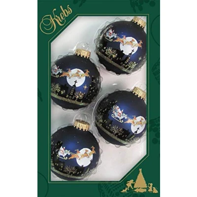 Afbeelding van Dekohelden24 Lauschaer Set van 4 kerstballen in mat blauw met kerstscène 7 cm gouden kroon