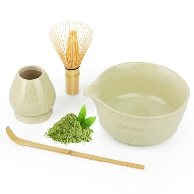 Afbeelding van 5 Pièces Coffret Kit Matcha Complet: Bol à avec Bec Verseur,Fouet en Bambou (Chasen),Cuillère de Mesure &amp; Support Chasen,Set Thé pour la Cérémonie du Traditionnelle