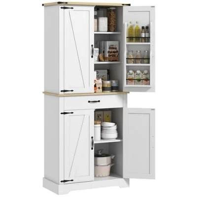 Afbeelding van HOMCOM Keukenkast, dressoir, keuken, servies, opbergkast, met 4 deuren, 6 deurplanken, 1 lade en verstelbare planken, meerdere vakken, 76,5 x 40 181 cm, wit