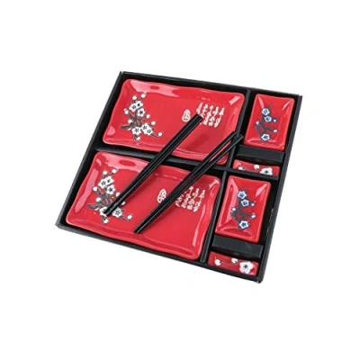 Afbeelding van Sushi set bestaat uit: 2 rode porseleinen borden van 19,5 x 12,5 cm met Japanse kersenbloesem. sauzen rood porselein 9 6 paar eetstokjes, verschillende motieven staafjeshouders O