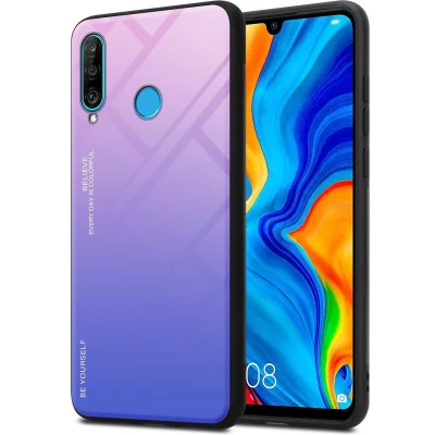 Afbeelding van Cadorabo Hoesje geschikt voor Huawei P30 LITE in ROZE BLAUW Tweekleurige beschermhoes van TPU silicone Case Cover en achterzijde gehard glas