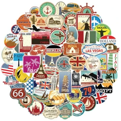 Afbeelding van Reisstickers, 100 stuks, vintage retro vinyl stickers voor koffer, laptop, helm, motorfiets, skateboard, auto, fiets, computer