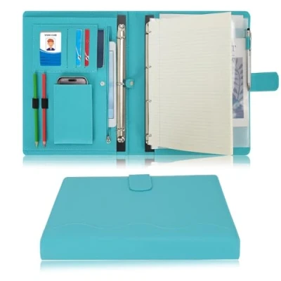 Afbeelding van Wonderpool A4 PU lederen aktetas met 4 ringen en afneembare map functionele tas voor kantoor, reizen, school (cyaan)