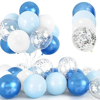 Afbeelding van ballonnen blauw, 30 stuks, 30,5 cm metallic, verchroomd, confettiballonnen, latex, helium, blauw en wit, met band voor verjaardag, bruiloft, festival, kinderen, babyborrel, feest