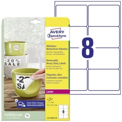 Afbeelding van Avery Afneembare Weerbestendige Etiketten Ft 99,1 X 67,7 Mm (b H), Wit, Doos Van 160 Etiket
