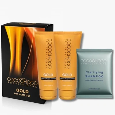 Afbeelding van COCOCHOCO Professional Gold keratine Kit in Box haarbehandeling (200 ml) en reinigingsshampoo (50 complexe kuur voor het gladmaken van haar alle soorten