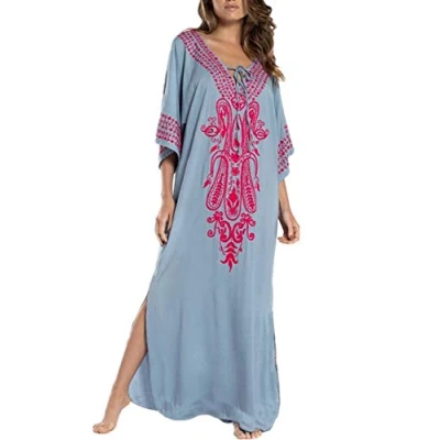Afbeelding van YouKD Zomer Katoen Geborduurd Bloemen Losse Caftan Boho Strand Bikini Cover up Jurk Plus size Gewaad voor Vrouwen, A grijs, one