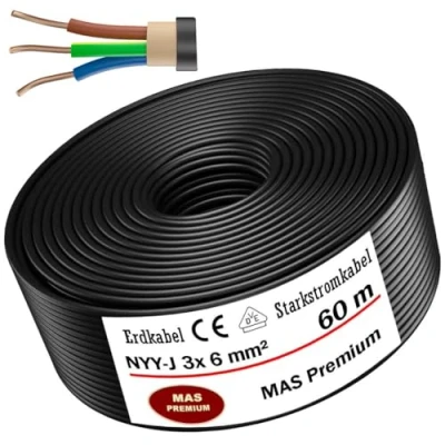 Afbeelding van MAS Premium® Aardingskabel voor elektrische stroomvoorziening standaard van het Duitse merk, ring installatie in de grond en buiten (NYY J 3 x 6 mm², 60 m)