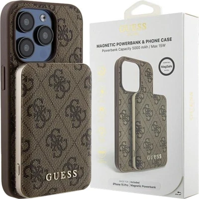 Afbeelding van Guess 4G Metal Logo hoesjeset voor iPhone 15 Pro Max + 5000mAh MagSafe powerbank bruin