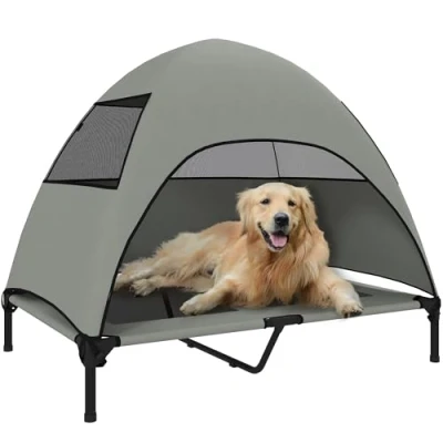 Afbeelding van PawHut lit d&#039;extérieur pour chien avec toit, surélevé grands chiens, rafraîchissant cadre en métal maille lavable, sac de transport, l&#039;extérieur, camping, 106 x 76 99
