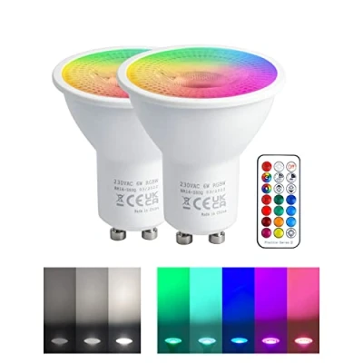 Afbeelding van REYLAX RGB GU10 led lamp, kleurverandering, 5 W, komt overeen met 50 450 lm, koudwit, led, GU10, dimbaar, lampen, afstandsbediening, infrarood, 2 stuks