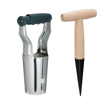 Afbeelding van Relaxdays bloembollenplanter 2 delige set tuin pootstok metaal hout tulpenbollen