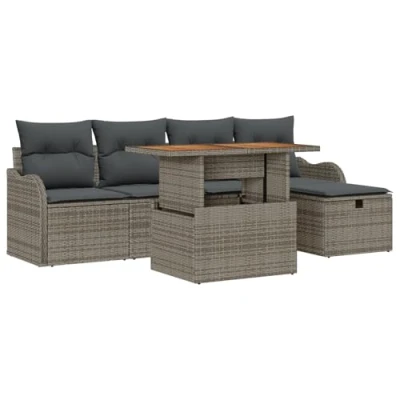 Afbeelding van vidaXL 6 delige Tuinsalonset met Kussens Grijs Poly Rattan, 2 persoons Tuinsalon Opbergruimte &amp; Rattan