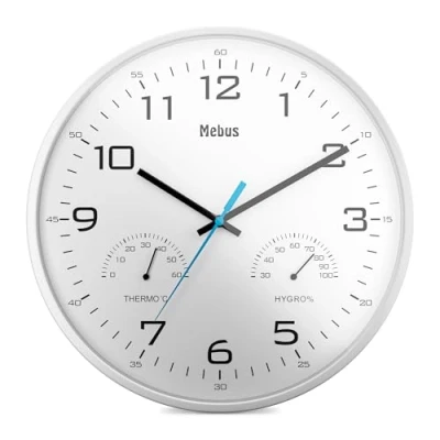 Afbeelding van MEBUS moderne kwartswand met temperatuurweergave en luchtvochtigheid, 30 cm diameter groot, woonkamerkast, keukenuhr, rund/model: 16181 / kleur: wit