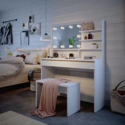 Afbeelding van Vicco Make uptafel set met kruk Emma, Wit, 120 cm spiegelplank, bankje &amp; LED verlichting