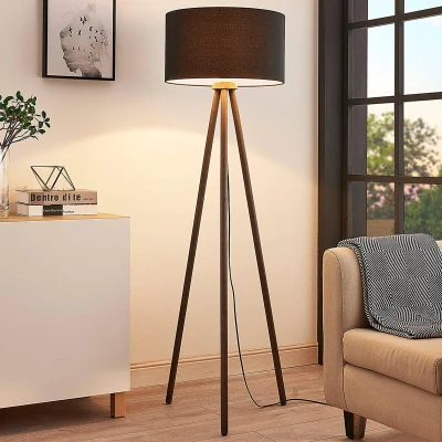 Afbeelding van Lindby vloerlamp hout Driepoot 1licht rubberboomhout, textiel H: 148 cm E27 donkergrijs, zwart