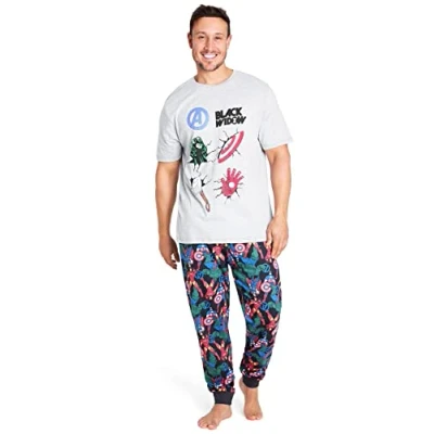 Afbeelding van Marvel Pyjama voor heren, grappige pyjamaset korte mouwen en lange pyjamabroek, nachtkleding, katoen, maten S 3XL, Deadpool Avengers, grijs.