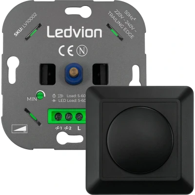 Afbeelding van Ledvion Led Dimmer 5 tot 600 Watt, Universele Dimmer, Inbouw, Schakelaar, Afdekraam, Dimmer+ Afdekplaat, Zwart