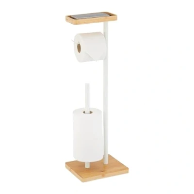 Afbeelding van toiletrolhouder met plankje reserverolhouder bamboe metaal wit