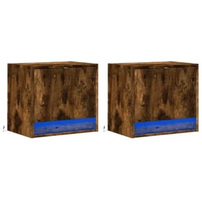 Image de vidaXL Tables de chevet murales avec lumières LED 2 pcs chêne fumé852098