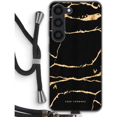 Afbeelding van Case Company® hoesje met Koord geschikt voor Samsung Galaxy S23 Gouden marmer Telefoonhoesje Zwart Bescherming aan alle Kanten en Over de Schermrand