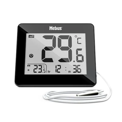 Afbeelding van MEBUS Digitale thermometer binnen en buiten met kabel gebonden buitensensor, uurtijd, min/max waarde, kleur: zwart, model: 48432
