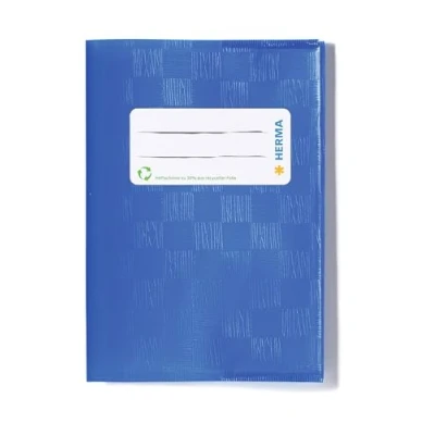 Afbeelding van HERMA 19897 A6 notitieboek cover raffia blauw met etiket en structuur van duurzame gemakkelijk te reinigen polypropyleen folie