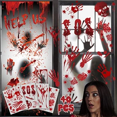 Afbeelding van Halloween Decoraties Binnenraam Stickers, Raamdecoraties Zombie Posters Set Herbruikbare Accessoires, Enge Bloederige Handafdrukken Voetafdrukken Muurstickers