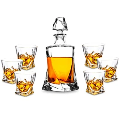 Afbeelding van 7 delige whiskyglazen en karafset, loodvrije kristalglazen, 800 ml whiskykaraf met 6 x 300 glazen, hoogwaardig, mooie geschenkdoos
